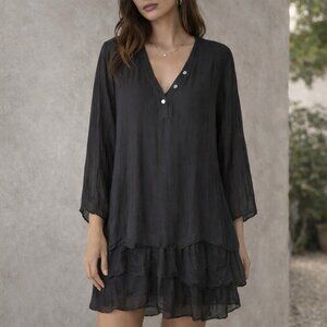 Sofia Italy Silk Chiffon Shift Dress M/L Tiered Flowy Sheer Sleeves Lagenlook